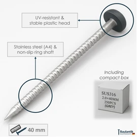 40mm Poly Top Pins / Nails (Pack of 250) Stainless Steel UPVC Plastic Head Charcoal