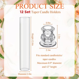 Teenyyou 12 Set Glass Hurricane Candle Holders 12.6" Open Ended Glass Candleholder Tube Shape Bottomless and 2.2" Taper Clear Candlestick Holders for Wedding Party Table Centerpiece (Classic)