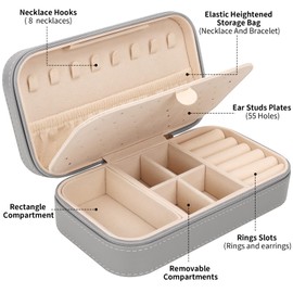 DesignSter Travel Jewelry Box, PU Leather Portable Jewelry Case, Small Jewelry Boxes for Gifts, Travel Jewelry Organizer for Women Rings Earrings Necklaces Bracelets (Gray)