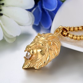 JewelryWe men's stainless steel necklace with lion head shaped pendant with cubic zirconia, silver-gold, Gothic, punk, rock style, 56 cm chain (22 inches), customisable, Stainless Steel, Gold