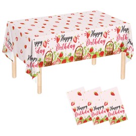 Detanpoly 3pcs Strawberry Party Tablecloth Strawberry Birthday Party Table Cover Happy Birthday Plastic Strawberry Table Cloth for Girls Kids 108×54 inch