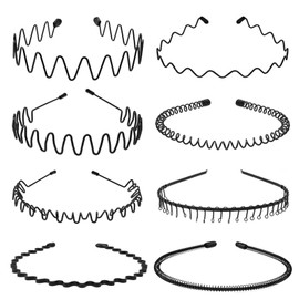 KELUBATU Metal Headband for Men, Unisex Black Wavy Spring Hair Band, Zig Zag Hair Band, Fashion Elastic Hair Accessories, Multipack Options Available.（8pcs）