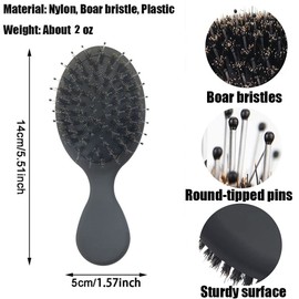 Boar Bristle Mini Hair Brush Travel Detangling Paddle Brush for Curly Fine Straight Wet Dry Hair, Anti-frizz Detangler Brush Boar Nylon Mixed Bristle Brush for Women Men Kids