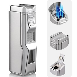 Kantion 4 Jet Flame Torch Cigar Lighter - Refillable Butane, Windproof With Punch & Holder - Gift for Men Women (Bright Silver, Without Gas)