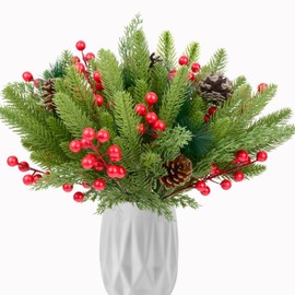AMAZING TIME 68 Pcs Christmas Artificial Pine Branches, 12 Inch Cedar Sprigs Stems with Pinecones Red Berry Needles Picks Christmas Fake Greenery for Garland Wreath DIY Holiday Decoration