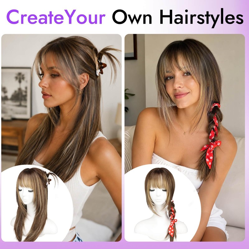Eawwii Wig with Bangs for Women,Brown Blonde Synthetic 4x4 Scalp