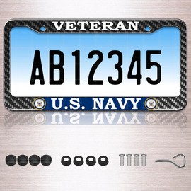 Carbon Fiber Veteran License Plate Frames for US Navy,Black Aluminum Front and Rear License Plate Holder for USN,Universal Plate Covers with Stainless Steel Screws Bolts, Caps (1PC)