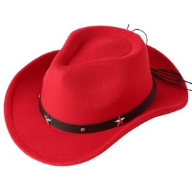 Jastore Kids Girls Boys Western Cowboy Cowgirl Hat with Buckle Belt Felt Fedora Hat (Red, 4-12 Years)