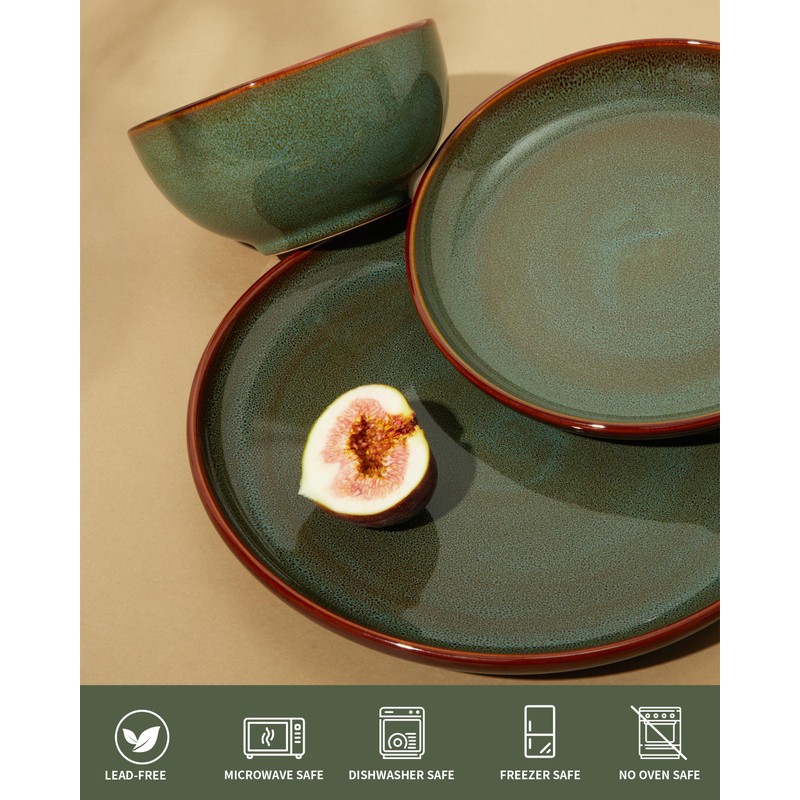 Pokini Stoneware Dinnerware Sets, Ceramic Plates and Bowls Set, Microwave