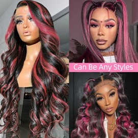 Avolo Highlight Lace Front Wig Human Hair 13x4 1B/Pink Ombre Lace Front Wig Human Hair Colored 180% Density Body Wave HD Lace Frontal Wigs Human Hair 26 Inch Skunk Stripe Ombre Pink Wig Human Hair