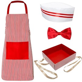 Waiter Costume Kit 4 Pcs Fast Food Soda Jerk Hot Dog Vendor Popcorn Costume Women Men Adult,1950s Soda Jerk Hat, Red White Striped Apron with Pockets, Bow Ties Snack Tray Cosplay Party