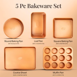 Gotham Steel Non Stick Ceramic Bakeware Set, 5 Piece No Warp & Dishwasher Safe Baking Set, Baking Pans Set with Round & Square Baking Pan, Muffin Pan, Loaf Pan & Baking Sheet for oven, 100% PFOA Free