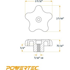 POWERTEC 72075 5/16"-18 Knobs & T Bolts Set 5pcs 5-Star Clamping Knobs with 20pcs 2-1/2 Inch Long T Slot Bolts for T Track Accessories, Feather Boards, Woodworking Jigs and Fixtures