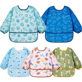 Lictin Baby Bibs for Boy or Girl, Long Sleeve Bib, Waterproof Toddler Bibs, 0-24 Months Neutral Baby Smock, Mess Proof Full Bib with Sleeves for Babies for Feeding Teething or Weaning 5 Pcs