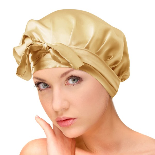 AQshop Comfo silk bd51 Nightcap 100% Silk Compatible with Long Hair Ribbon with String, beige, (champagne)