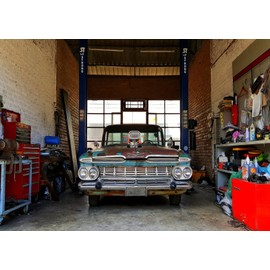 Loccor 7x5ft Fabric Vintage Garage Car Backdrop Retro Vintage Garage Workshop Car Repair Photography Background for Car Theme Party Mechanic Party Decor Photo Booth Studio Props