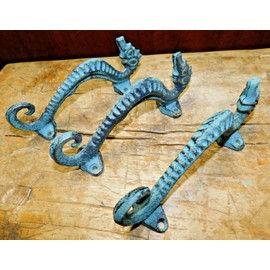 Vintage 3 Cast Iron Nautical Seahorse Style Drawer Pull, Barn Handle, Door Handles Beach
