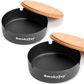 Ashtray with Lid for Outside Patio, 2 Pack Windproof Ash Tray, Black Stainless Steel Smokeless Ashtray for Outdoor Home Office Tabletop Patio Outdoor Balcony, Large