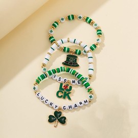 St. Patrick’s Day Beaded Bracelets Set Stackable Irish Lucky Shamrock Green Leaf Charm Bracelet Festive Party Stretch Bangle Holiday Charm Accessory Bracelets Jewelry Gifts for Women-3 Pack