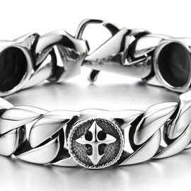 COOLSTEELANDBEYOND Mens Stainless Steel Curb Chain Link Bracelet with Vintage Cross Charms(CA)