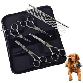 Professional 5 in 1 Dog Grooming Scissors Set with Safety Round Tips, Japard Sharp and Heavy-duty Pet Shears for Cats (Black)