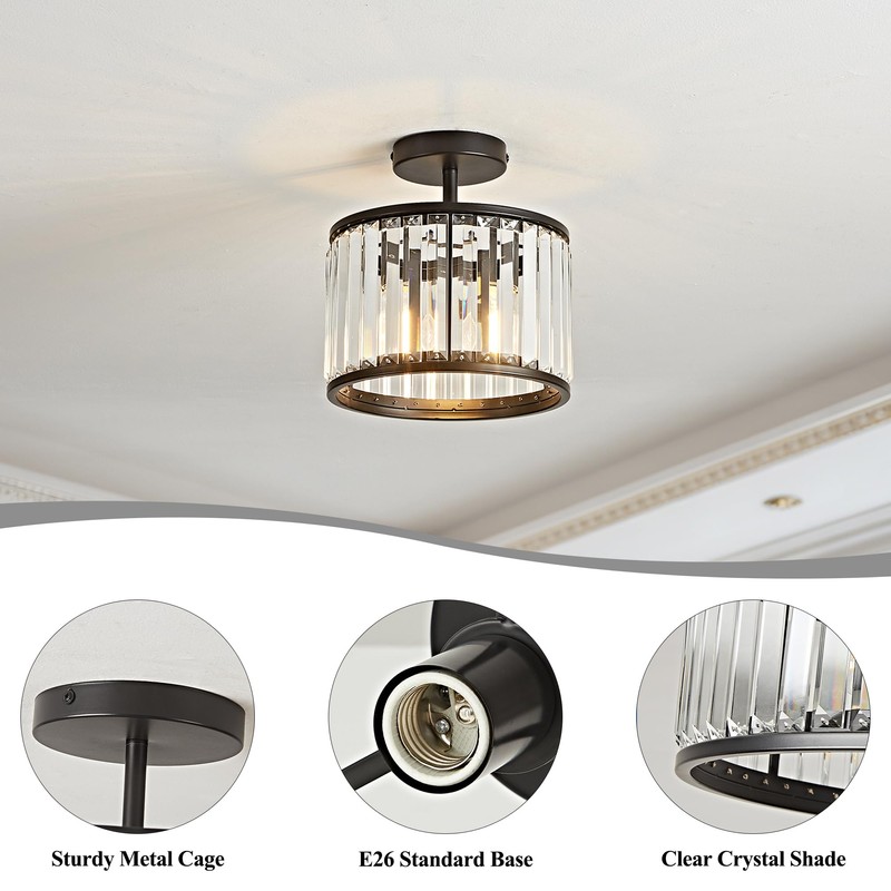 OKELI 9.8" Small Crystal Chandelier Semi Flush Mount Ceiling Light,