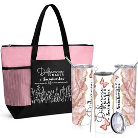 Sieral Social Worker Christmas Appreciation Gifts Set for Women: Difference Maker Tote Bag & Tumbler 20 oz with Straw Brush Thank You Gifts for Team Employee Coworker School Staff(Pink)