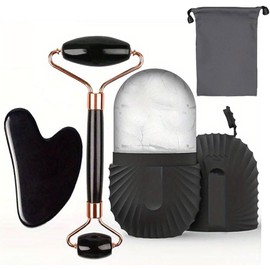 Rodillo de hielo y gua sha facial, kit de masaje para rostro, herramientas de masaje manual reutilizables, exquisita caja de regalo，adecuado para el cuidado de la piel facial (black)
