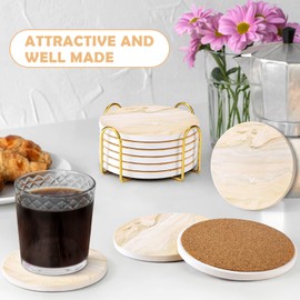 GOH DODD Coasters for Drinks Set of 6, Absorbent Marble Style Ceramic Coaster Set Cup Coasters Tabletop Protection Home Decor with Metal Holder for Coffee Table, Beige, Round, 4 Inches