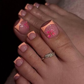 Orange French Tips Press on Toenails Short Square Glue on Toenails with Rhinestone Flower Charm Design Glossy Skintones False Toenails Summer Fake Toenails Full Cover Toenails for Women Manicure 24Pcs