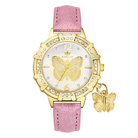 JewelryWe Women's Leather Butterfly Watch Elegant Boho Butterfly Glitter Rhinestone Wrist Watch Women Analogue Quartz Watch with Leather Strap, 1 pink, Ribbon