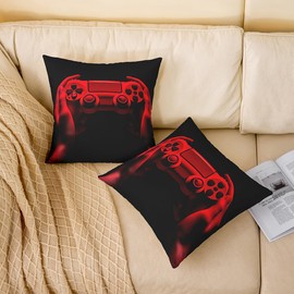 Gamer Gamepad Throw Pillow Covers for Couch Sofa Bed,Set of 2 Gaming Decorative Pillows Cushion Covers,Game Room Decor Red Black Modern Game Console Controller Pillow Inserts Not Included,18x18 inch
