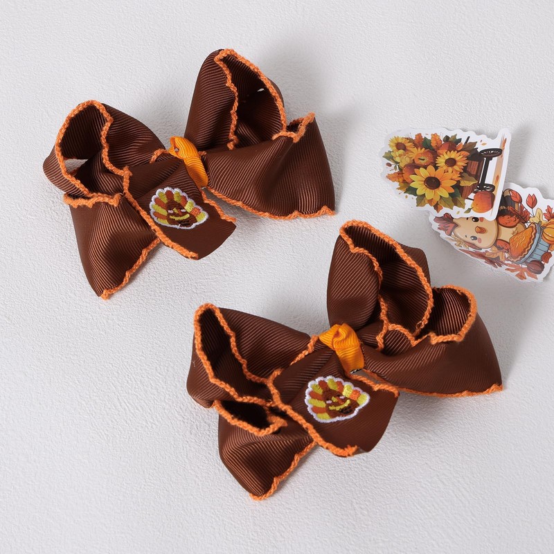 4in Brown Embroidered Ribbon Thank Give Turkey Hair Bow Clip