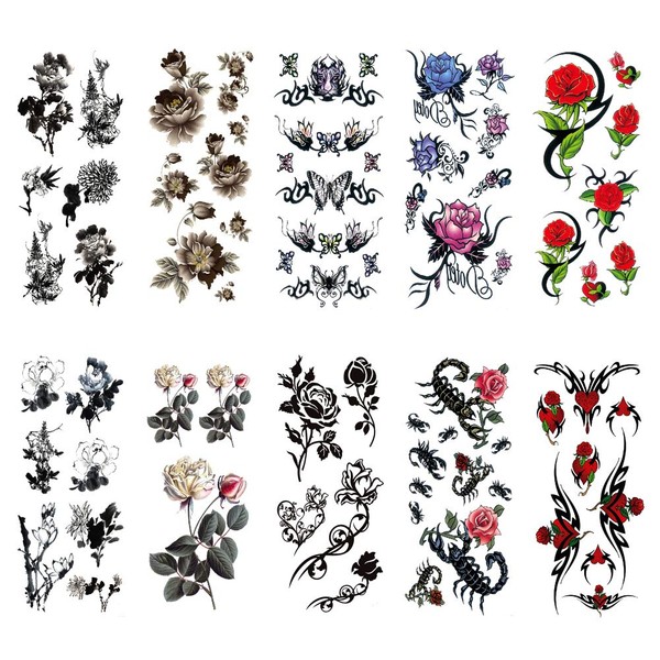 TAFLY Flower Temporary Tattoos Fake Tattoos Black Rose and Butterfly Scorpion Waterproof Tattoo Stickers-for Women & Men 10 Sheets