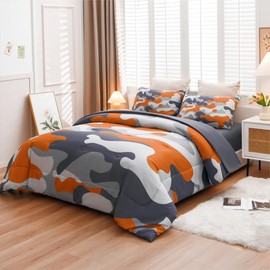 Holawakaka Twin Size Camouflage Bedding Comforter Set with Sheets, Boys Girls Men Camo Bed in A Bag 5 Pieces,Kids Teens Dorm Bed Sets Neutral Farmhouse Lodge Cabin Army Bedspread (Orange, Twin)