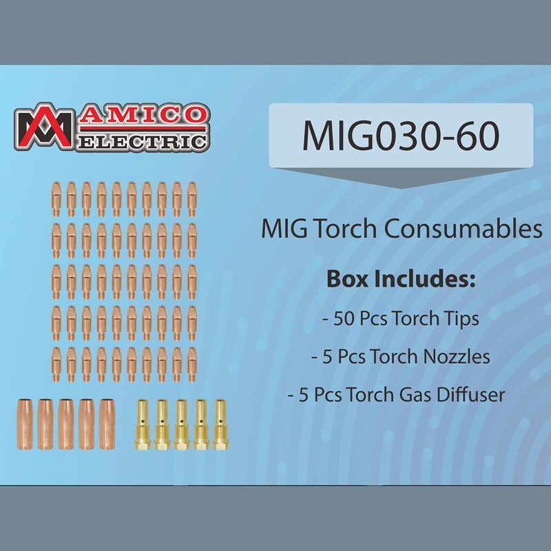 MIG030-60, 50-pcs .030” Tips, 5-pcs Gas Nozzles, 5-pcs Gas Diffusers