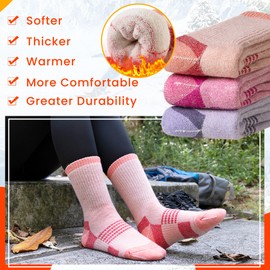 Velice Merino Wool Hiking Socks for Women Thermal Warm Winter Boot Work Cushion Crew Socks 3 Pairs(Purple/Pink/Orange, Medium)