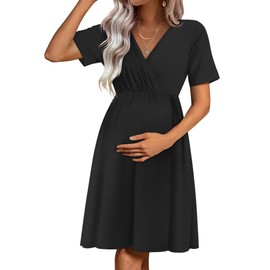 Ekouaer Maternity Nursing Dress V Neck Short Sleeve Breastfeeding Dresses Ribbed Knit Pregnancy Clothes Black S