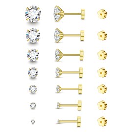 7 Pairs 20G Flat Back Earrings for Women Men, Hypoallergenic Silver 14K Gold Stainless Steel Cartilage Stud Earrings - Bonus Plum Blossom FlatBack Studs for Multiple Piercing Sensitive Ears CZ 2-8mm