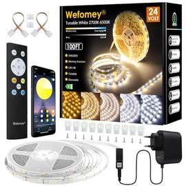 Wefomey LED Strip 30M, Warmweiss 2700K-6500K Dimmbar, LED Streifen Warmwei? Kaltwei? 24V Flexible DIY LED Leiste mit App-Steuerung, Fernbedienung, Netzteil, LED Lichtband fr Heim Kche Deko
