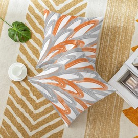 CaliTime Throw Pillow Cases Pack of 2 Cozy Fleece Two-Tone Abstract Feather Decorative Cushion Covers for Couch Bed Sofa Farmhouse Decoration 22 X 22 Inches Orange Grey