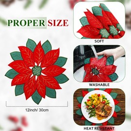 8 Pieces Christmas Placemats Xmas Round Placemats Christmas Table Mats Holiday Poinsettia Placemats Embroidered Flower Doilies Washable for Dining Party Family Dinner Decorations, 11.8 Inches