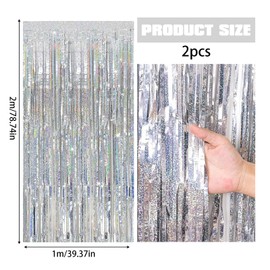 SHUOHONG Pack of 2 Tinsel Curtain, Glitter Curtain Birthday, Party Curtain Photo Background, Streamers Birthday Decoration, Rainbow Carnival Foils Fringe Curtains (Silver)