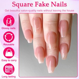 24 Pcs French Tips Press on Nails, Ballet Medium Length False Nails, Nude Gradient Coffin Fake Nails Set, Acrylic Full Cover Stick on Nail for Women and Girls Daily Wedding Wear