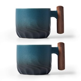 BlogBlog Ceramic Espresso Cups with Wooden Handle Espresso Shot Cups Ceramic Tea Cups Porcelain Demitasse Cups for Coffee or Tea, 3oz (blue, 2)