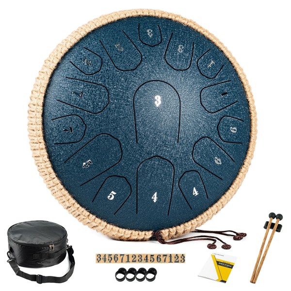 HOPWELL Steel Tongue Drum - 13 Inches 15 Notes Tongue Drum - Hand Pan Drum with Music Book, Handpan Drum Mallets and Carry Bag, D Major (Navy Blue)