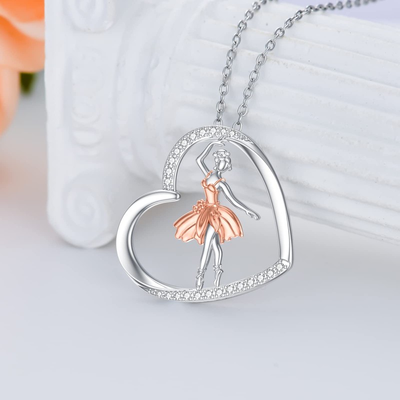 ROMANTICWORK Ballett Kette Sterling Silber Ballerina Herz Anhänger Halskette Tänzer