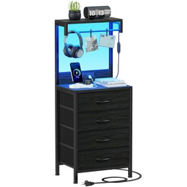 Furnulem Tall Nightstand with 4 Drawers, Night Stand with LED Lights and Charging Station, Bedside Table with Storage Shelves, End Side Table for Bedroom, Office (Black Oak)