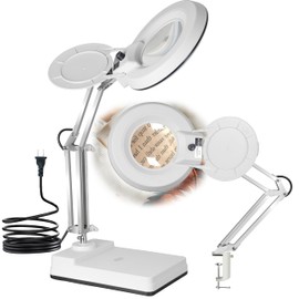 Gynnx Magnifying Glass with Light and Clamp,10X Lighted Magnifying Glass Lamp LED Dimmable,5 Inches Lens with Stainless Steel Arm for Reading,Craft,Painting and Close Work(White Cover)