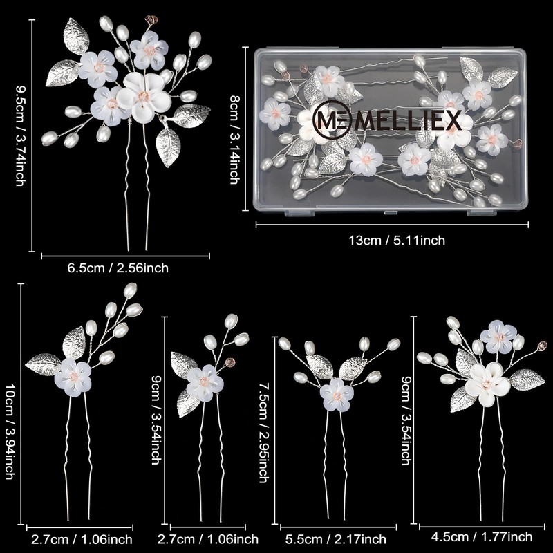 MELLIEX 5 Stück Hochzeit Haarnadeln, Blumen Perlen Braut Haarschmuck Silber
